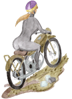 Motorradbiene 4 - Motorradfahrerin auf ihrer Maschine, R&uuml;ckansicht - freigestelltes Clipart