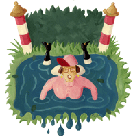 Im Wassergraben 2 - Reiterin im Wassergraben - nasses Vergnügen - freigestelltes Clipart - Ölgrafik
