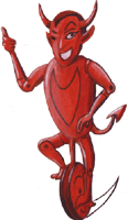 Teufel auf Einrad, rote Teufelsfigur, freies Clipart, Gif Bild